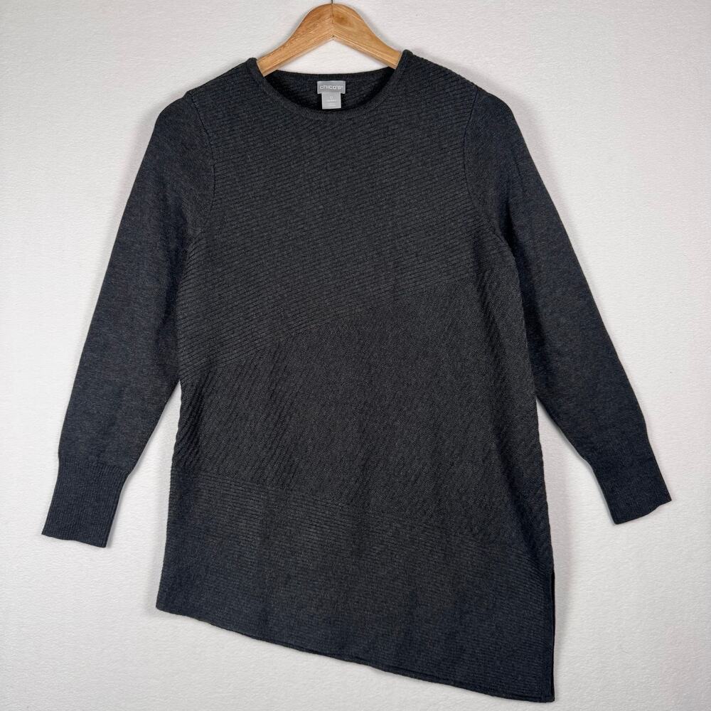 Chicos Womens Sweater Gray Long Sleeve Knit Pullover Asymmetrical Hem sz 0/Small